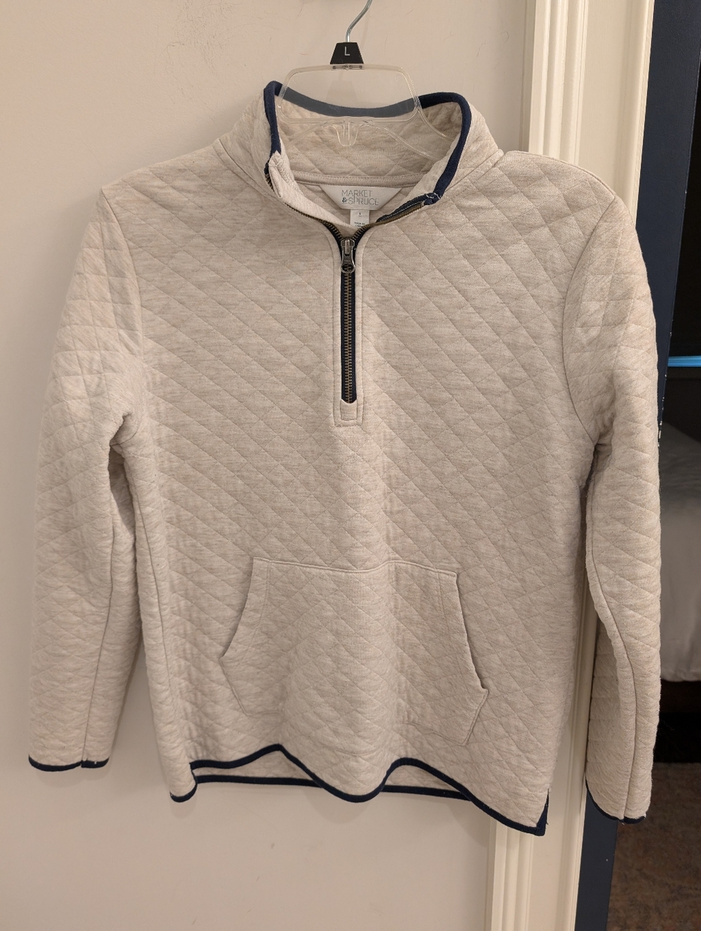 Market & Spruce Cream Quilted Half-Zip Sweater with Navy Trim